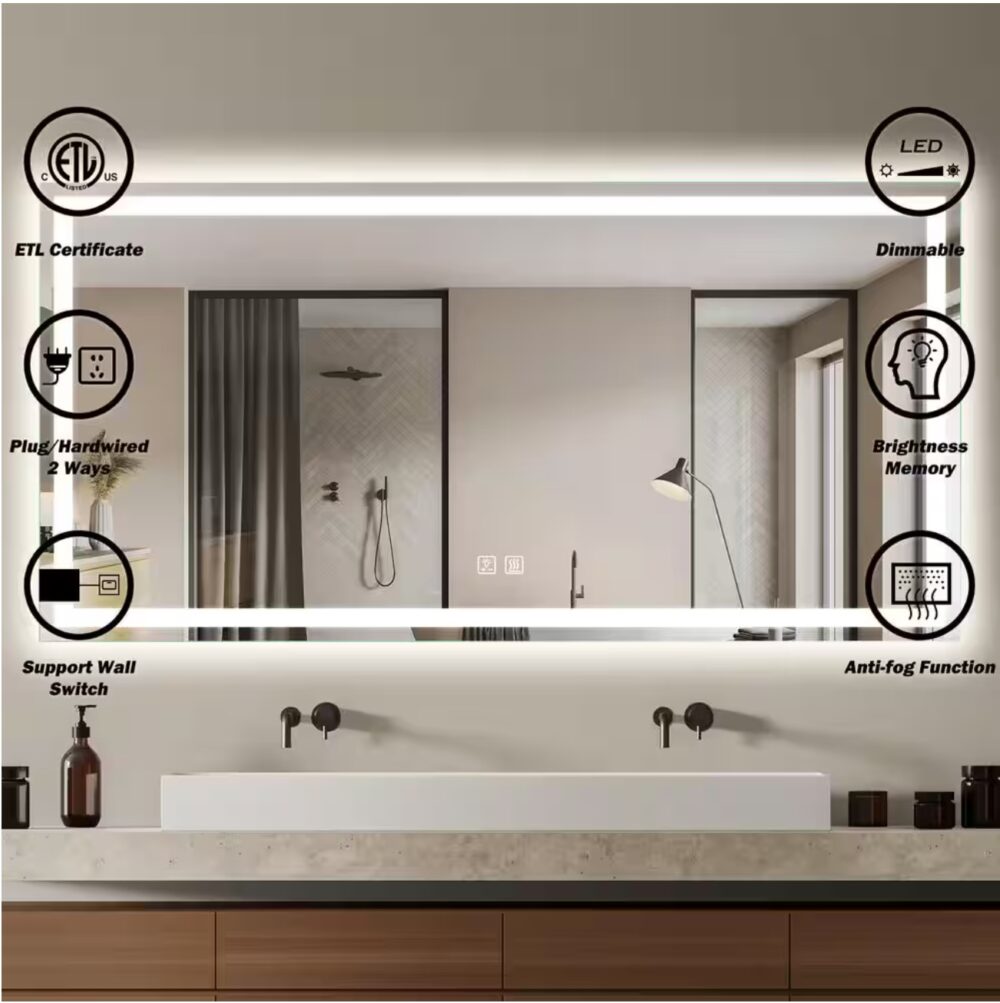 72 in. W x 36 in. H Rectangular Frameless LED Light with 3-Color and Anti-Fog Wall Mounted Bathroom Vanity Mirror - Image 3