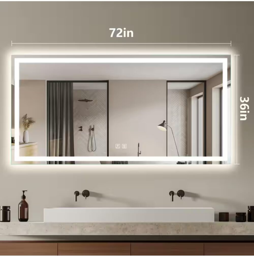 72 in. W x 36 in. H Rectangular Frameless LED Light with 3-Color and Anti-Fog Wall Mounted Bathroom Vanity Mirror - Image 2