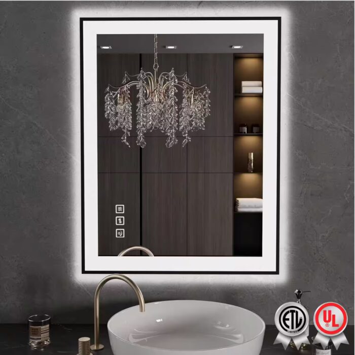 28 in. W x 36 in. H Rectangular Framed Anti-Fog LED Wall Bathroom Vanity Mirror in Black with Backlit and Front Light
