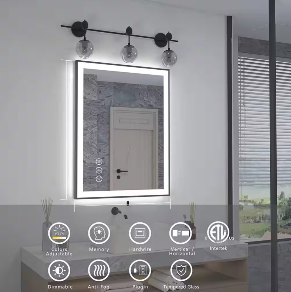 28 in. W x 36 in. H Rectangular Framed Anti-Fog LED Wall Bathroom Vanity Mirror in Black with Backlit and Front Light - Image 2